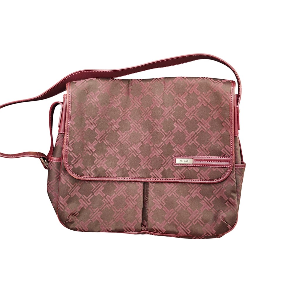 Tumi Burgundy Monogram Nylon Messenger Crossbody Bag Leather Trim Luxury
